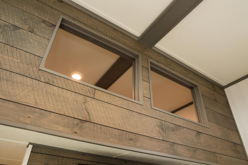 Closeup of Windows for Front Loft Divider Wall - Ship Lap Accent Wall with Gray Trim